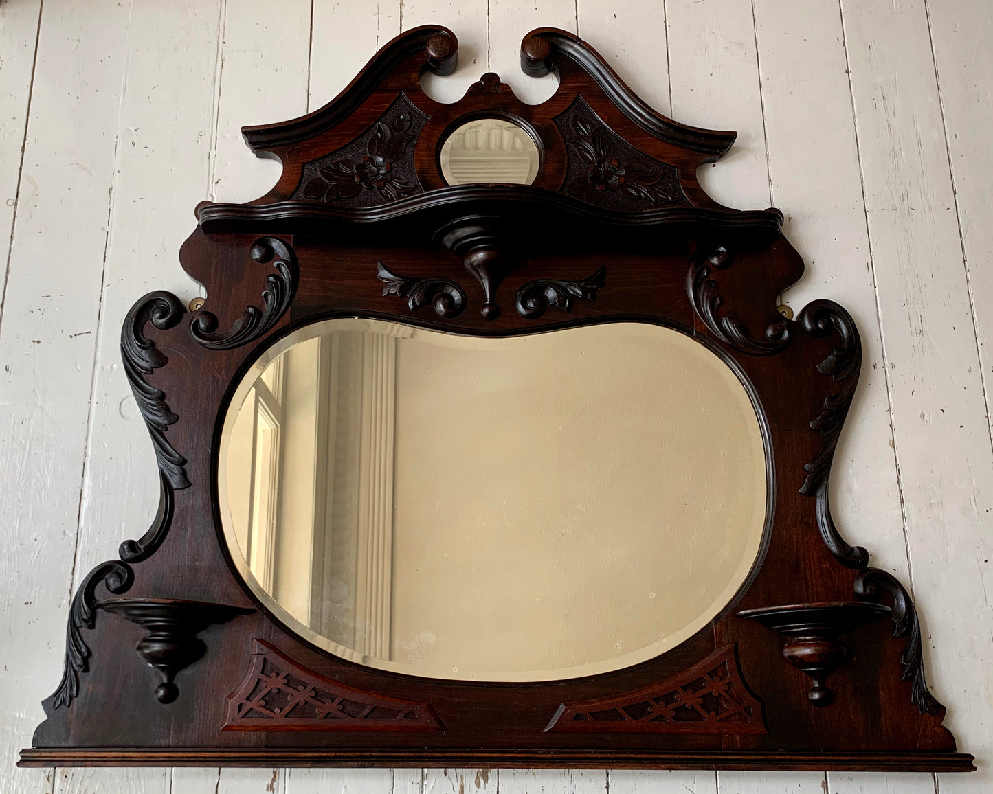 Victorian Over Mantle Mirror w/ Bevelled Glass & Mahogany Frame, Carved Pediment