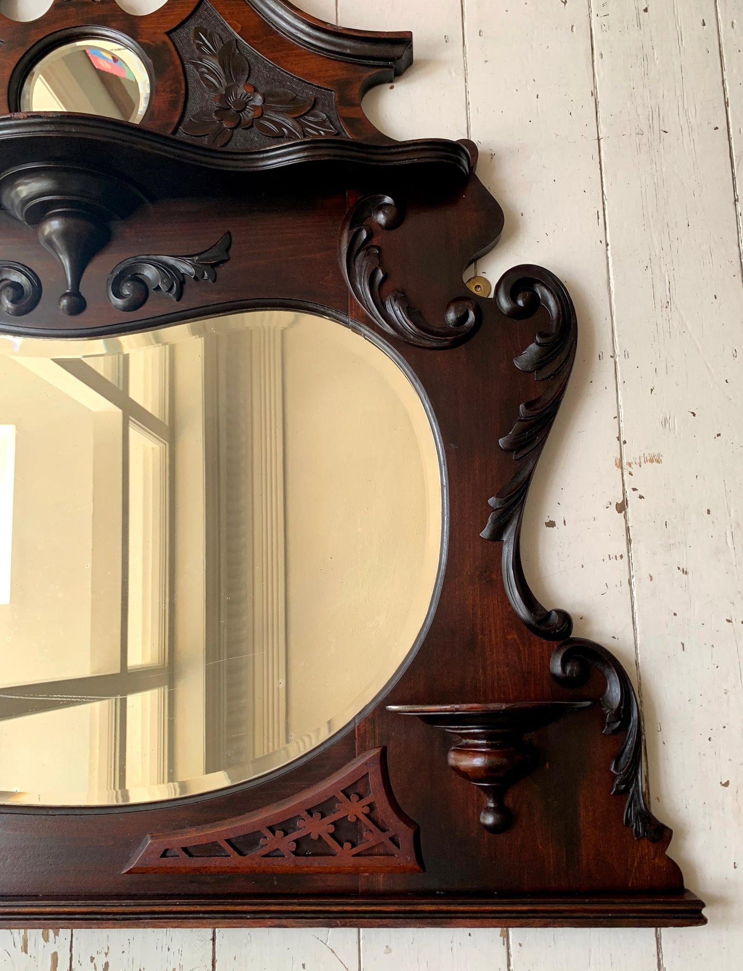 Victorian Over Mantle Mirror w/ Bevelled Glass & Mahogany Frame, Carved Pediment