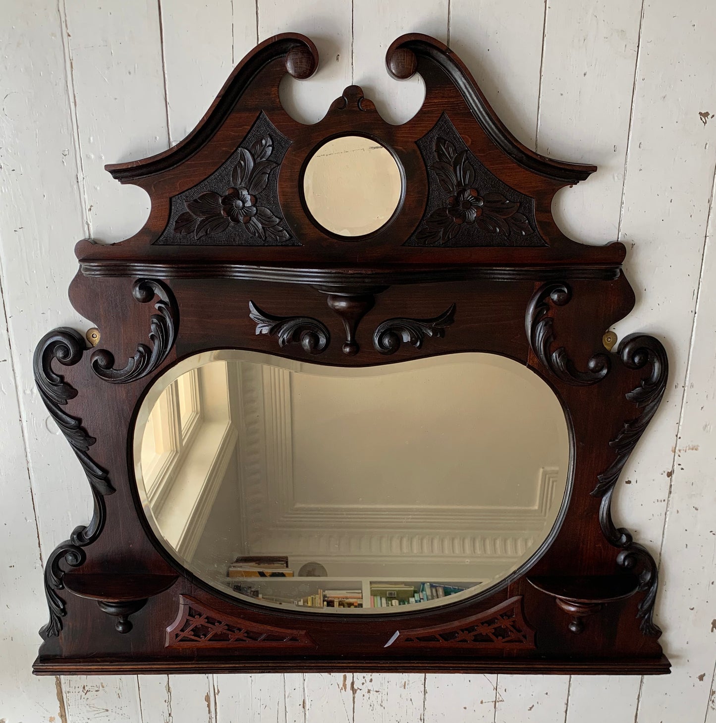 Victorian Over Mantle Mirror w/ Bevelled Glass & Mahogany Frame, Carved Pediment