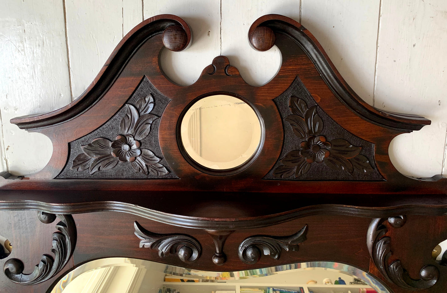 Victorian Over Mantle Mirror w/ Bevelled Glass & Mahogany Frame, Carved Pediment