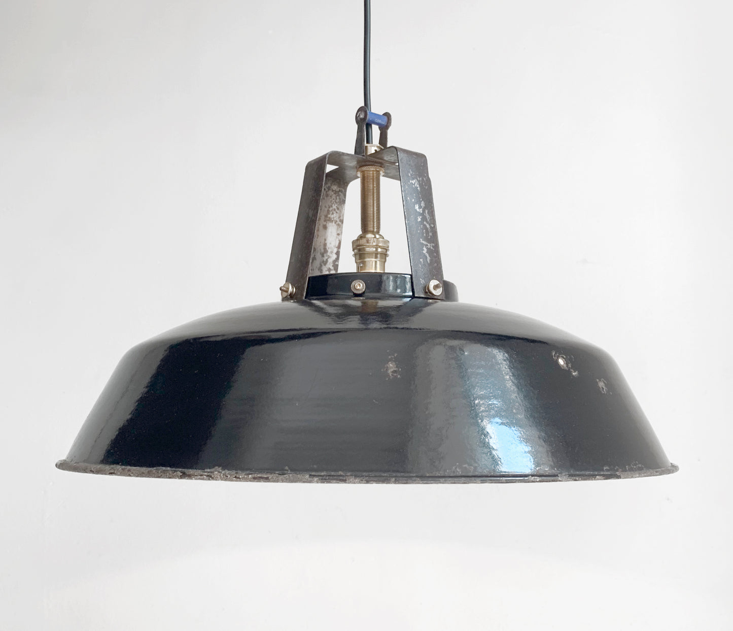 Large Vintage French Black Enamel Industrial Pendant Lamp - Light / 45cm Across