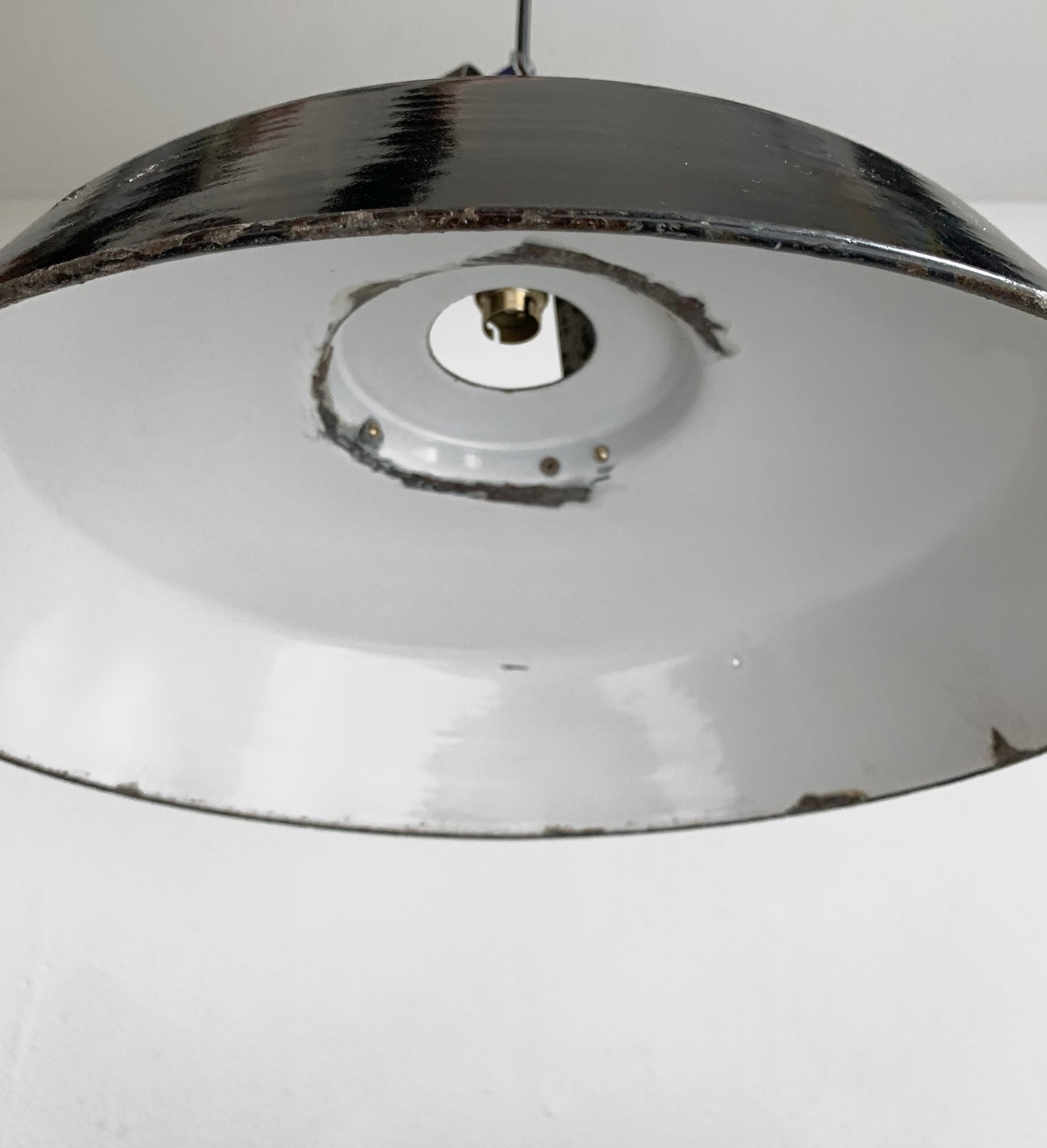 Large Vintage French Black Enamel Industrial Pendant Lamp - Light / 45cm Across