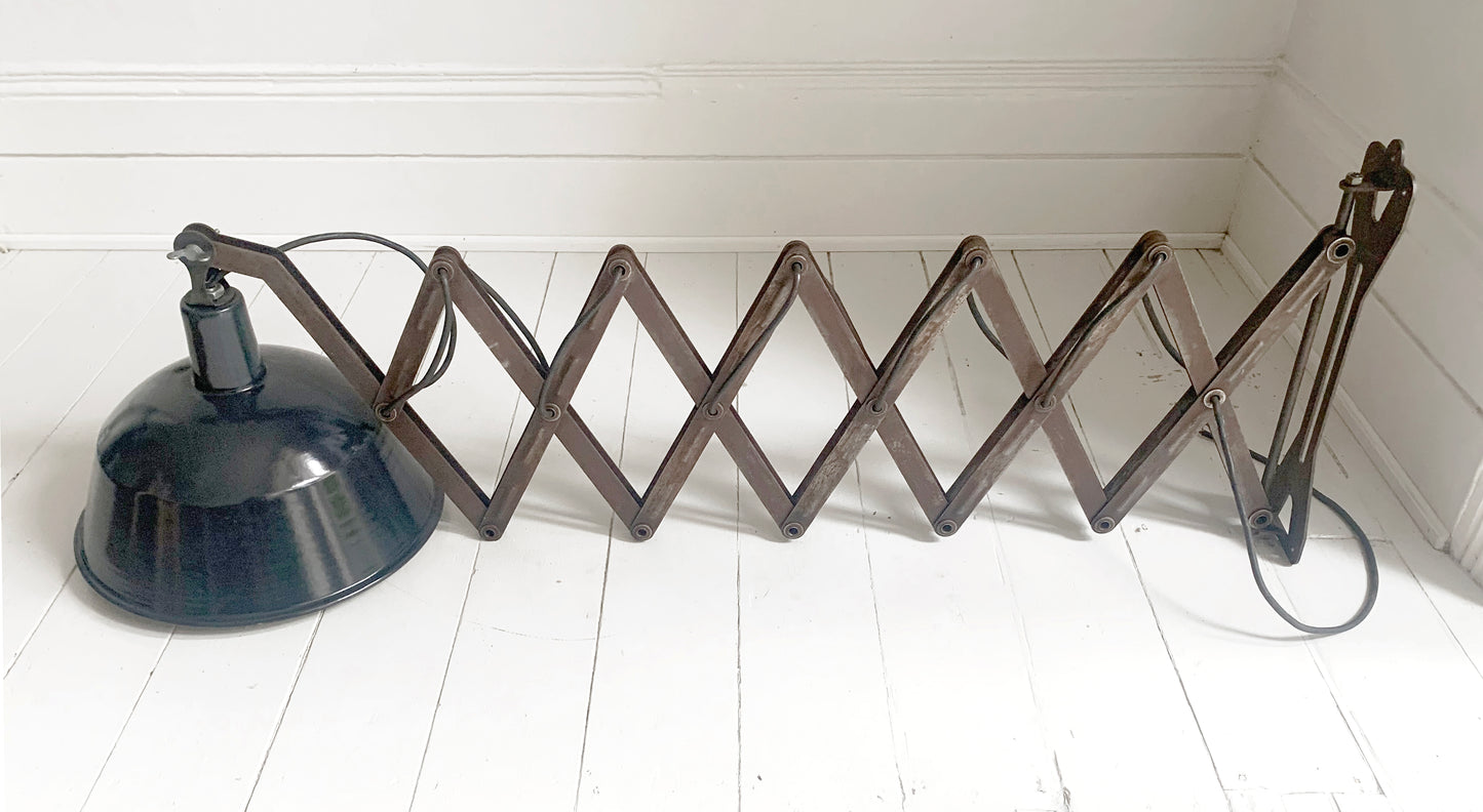 Large Vintage French Black Enamel Industrial Scissor Lamp / 1.9m Scissor Reach