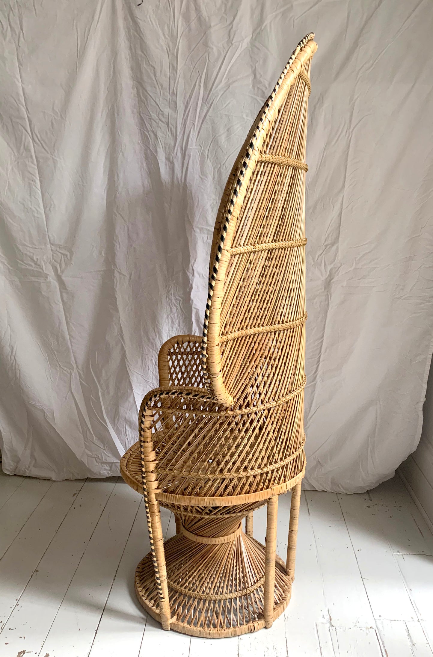 Vintage 1970s Large Rattan & Wicker Peacock Emmanuelle Chair with Twisted Base