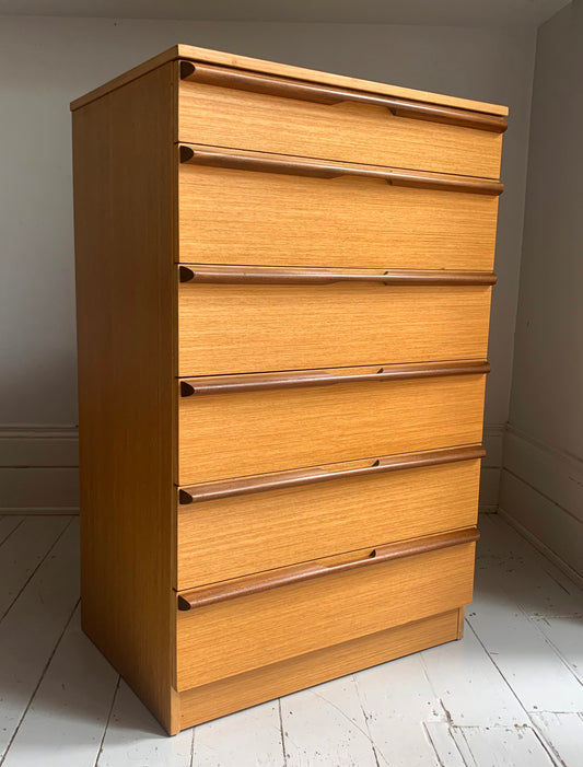 Mid Century Teak Six Drawer Tall Boy Chest of Drawers attributed to Avalon Furniture