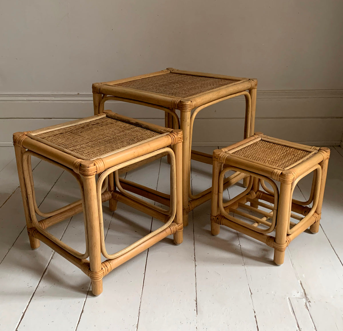 Mid Century Set of Three Cane & Rattan Cube Nesting Tables