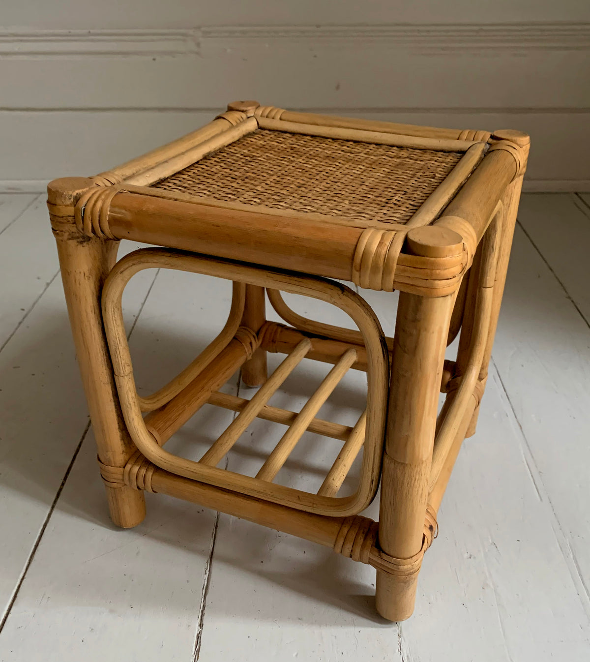 Mid Century Set of Three Cane & Rattan Cube Nesting Tables