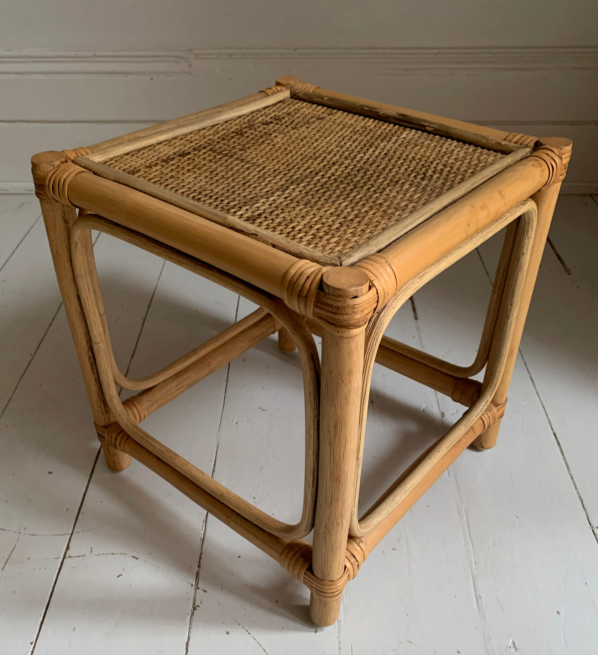 Mid Century Set of Three Cane & Rattan Cube Nesting Tables