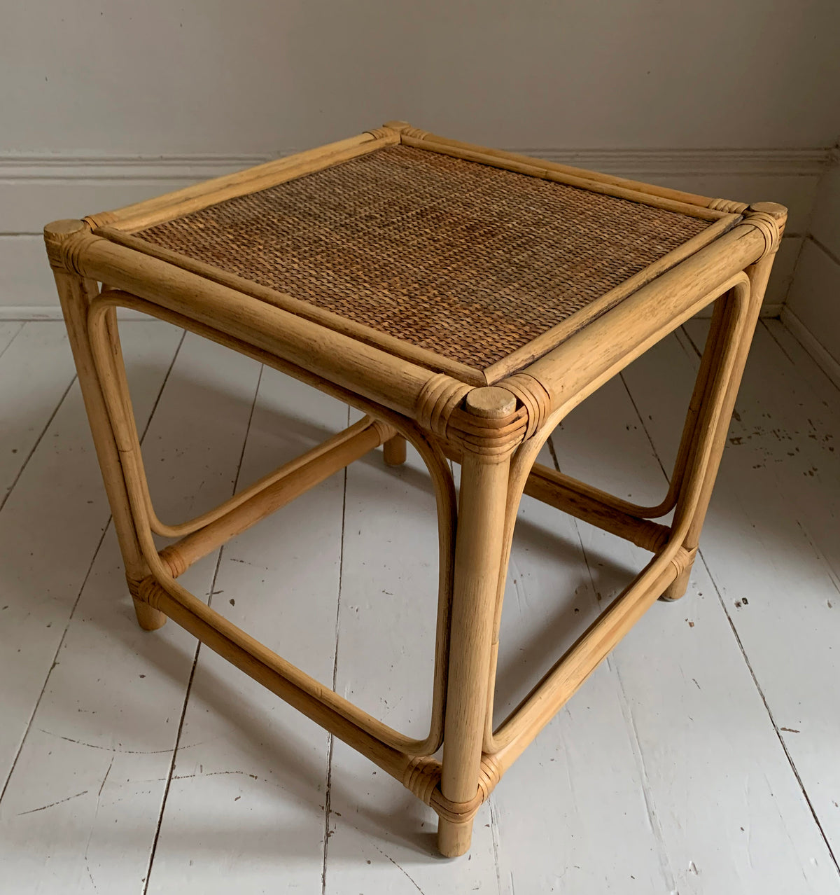 Mid Century Set of Three Cane & Rattan Cube Nesting Tables