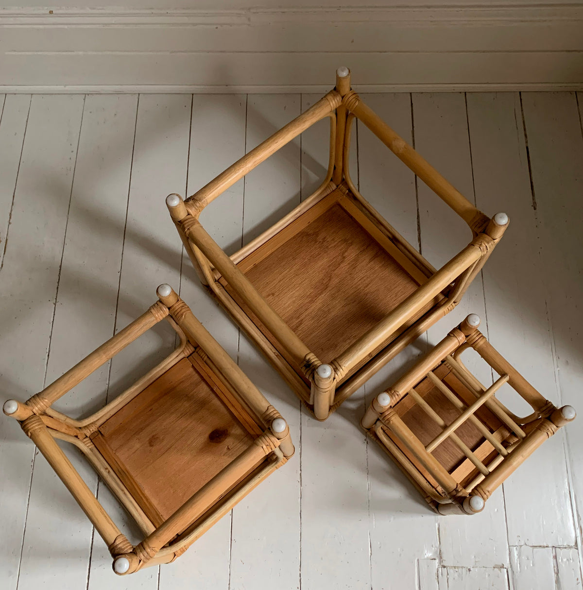 Mid Century Set of Three Cane & Rattan Cube Nesting Tables