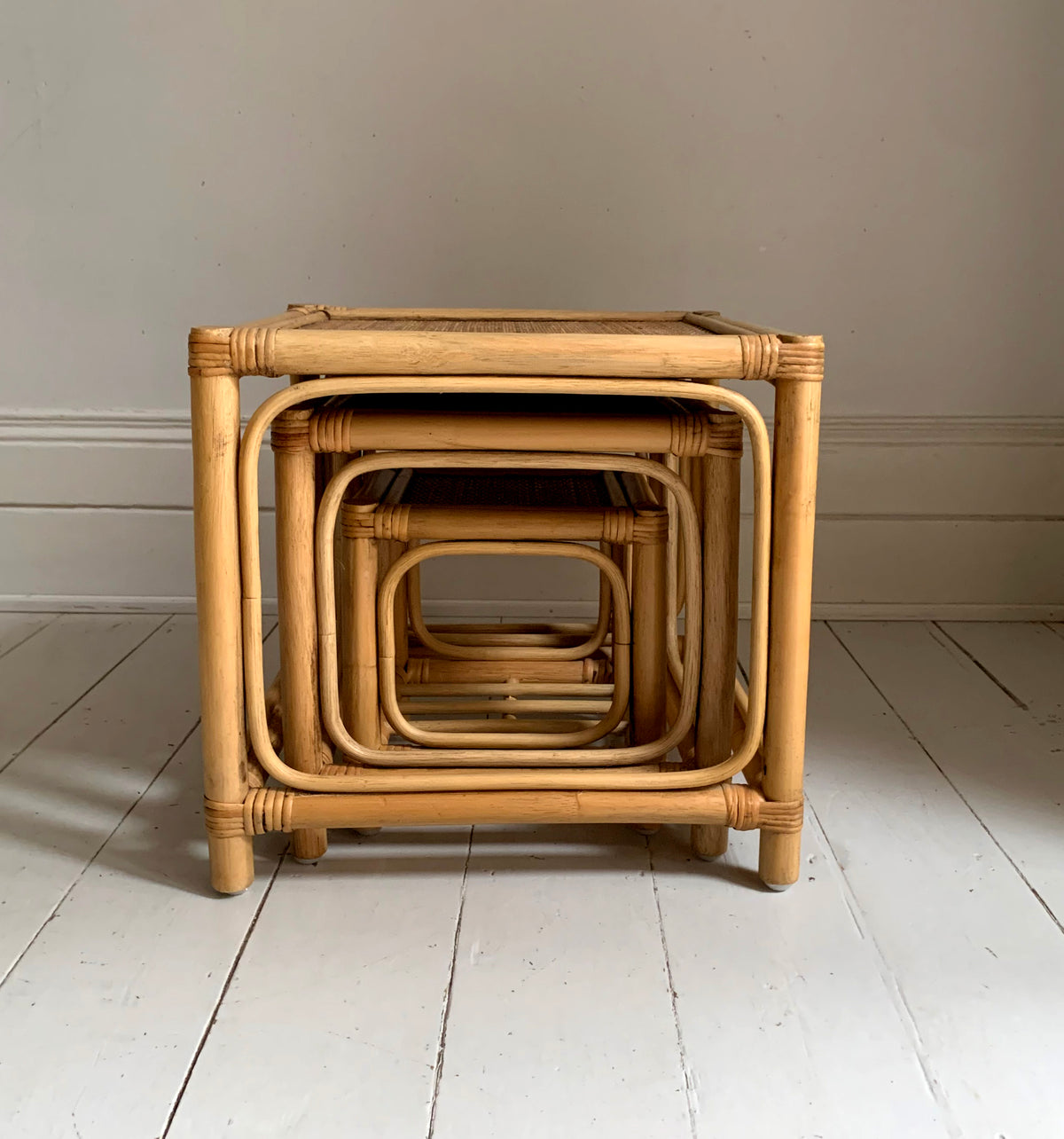 Mid Century Set of Three Cane & Rattan Cube Nesting Tables