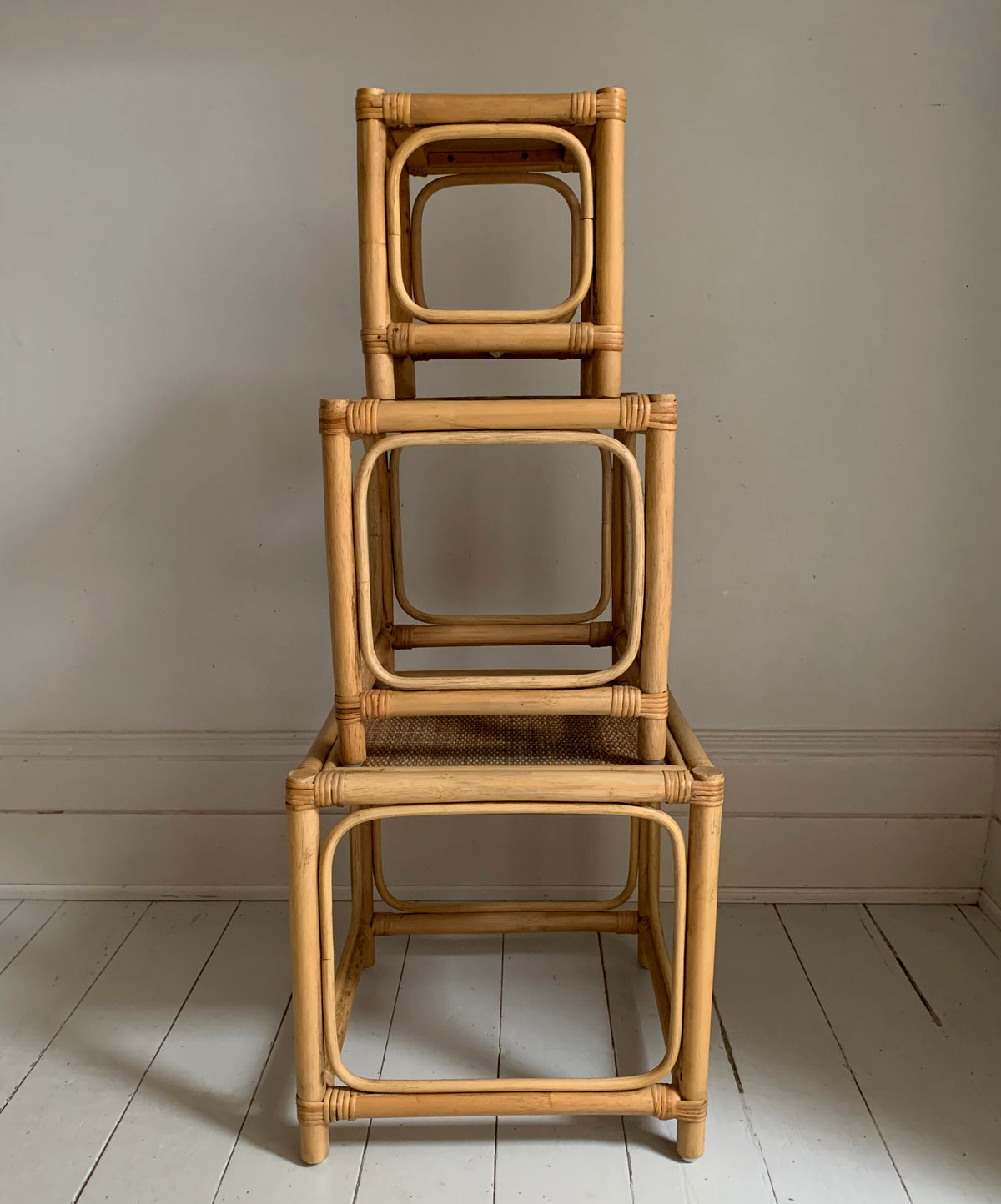 Mid Century Set of Three Cane & Rattan Cube Nesting Tables