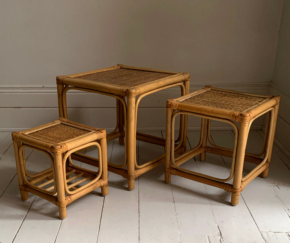 Mid Century Set of Three Cane & Rattan Cube Nesting Tables