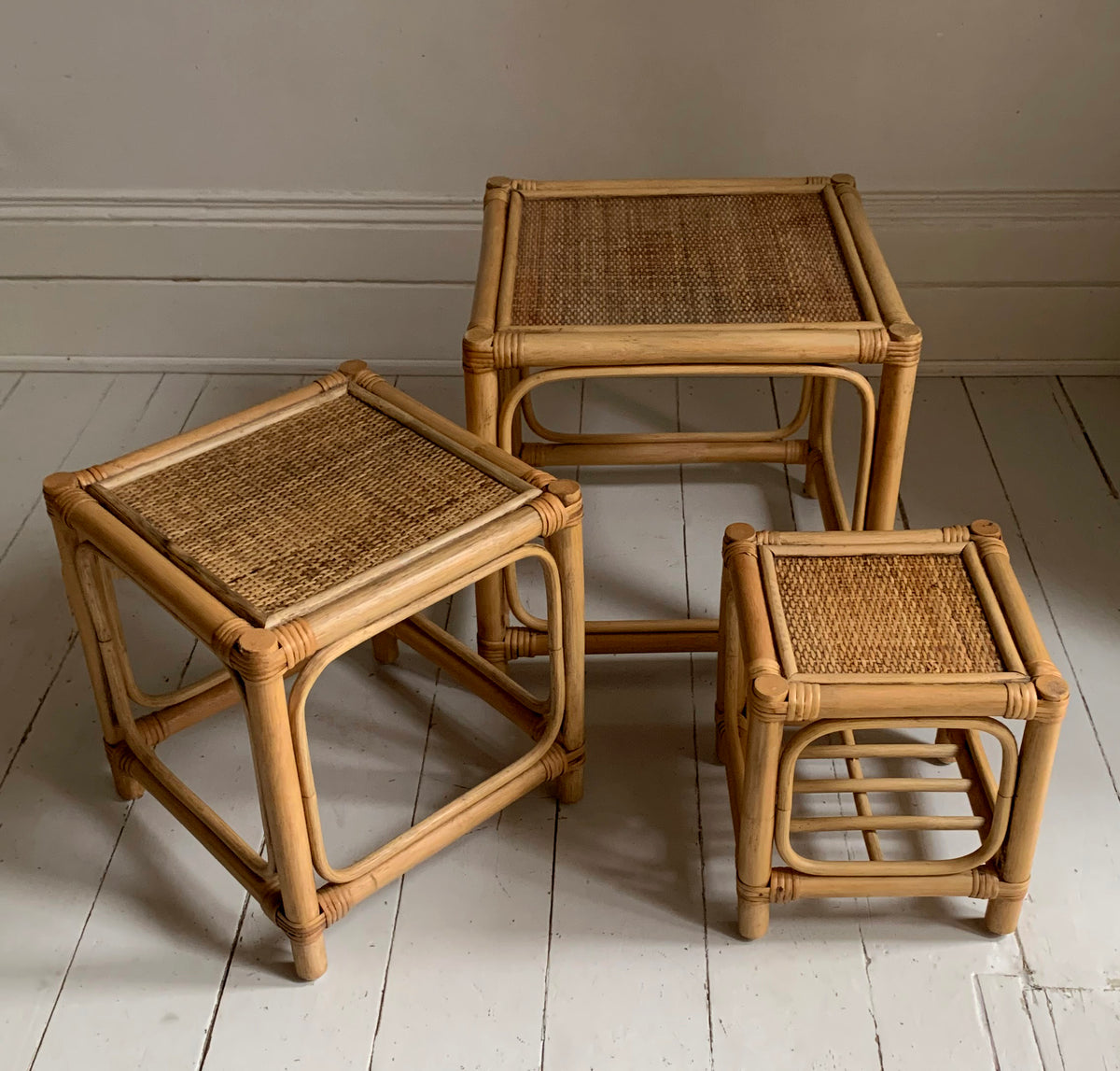 Mid Century Set of Three Cane & Rattan Cube Nesting Tables