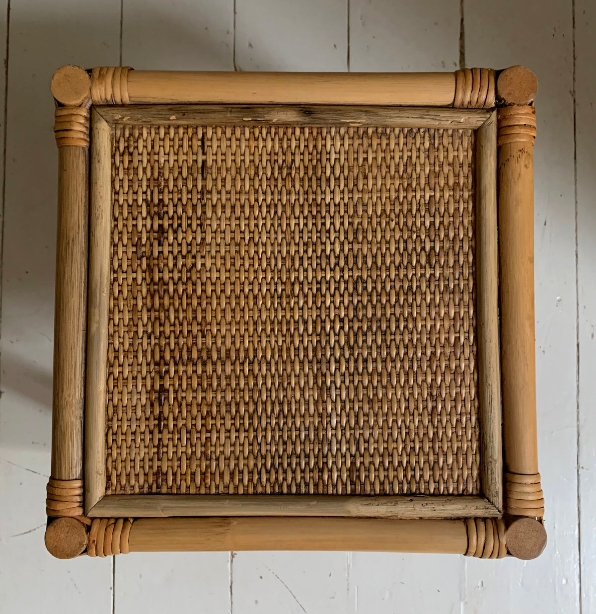 Mid Century Set of Three Cane & Rattan Cube Nesting Tables