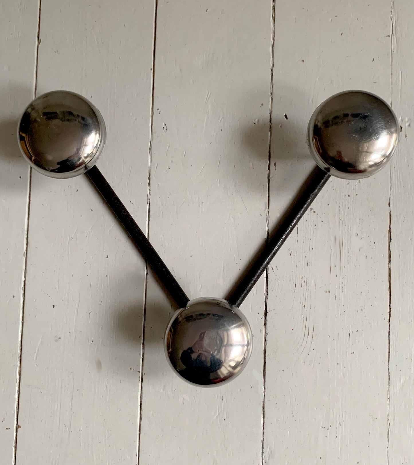 Mid Century Chrome & Black Vintage Industrial Three Hook Wall Mounted Coat Rack