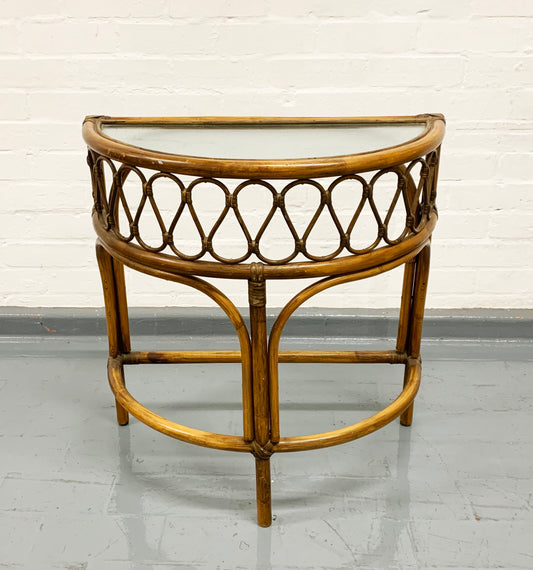 Mid Century Demi Lune Rattan & Cane Side Table with Glass Top