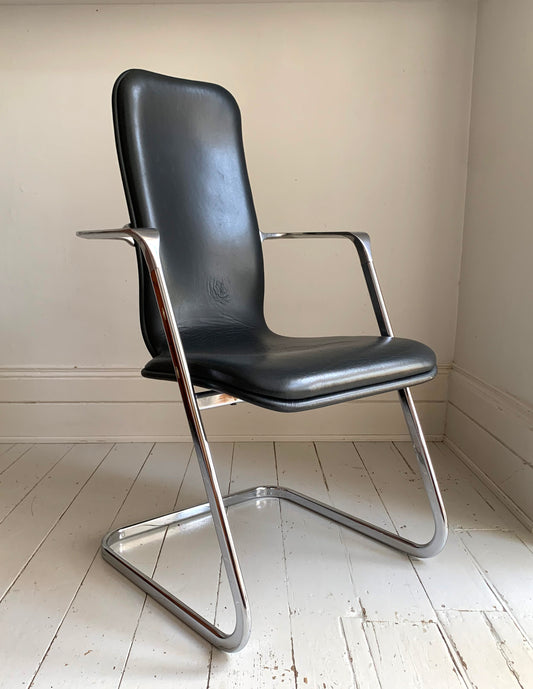 Vintage Mid Century Frederick Scott for Hille Cantilever Dark Grey Leather Office/Dining Chair