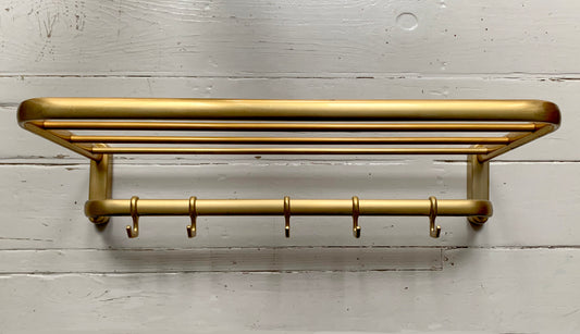 Mid Century Gold Coat Carriage Rack with Hat Shelf & Five Hooks, Wall Mounted