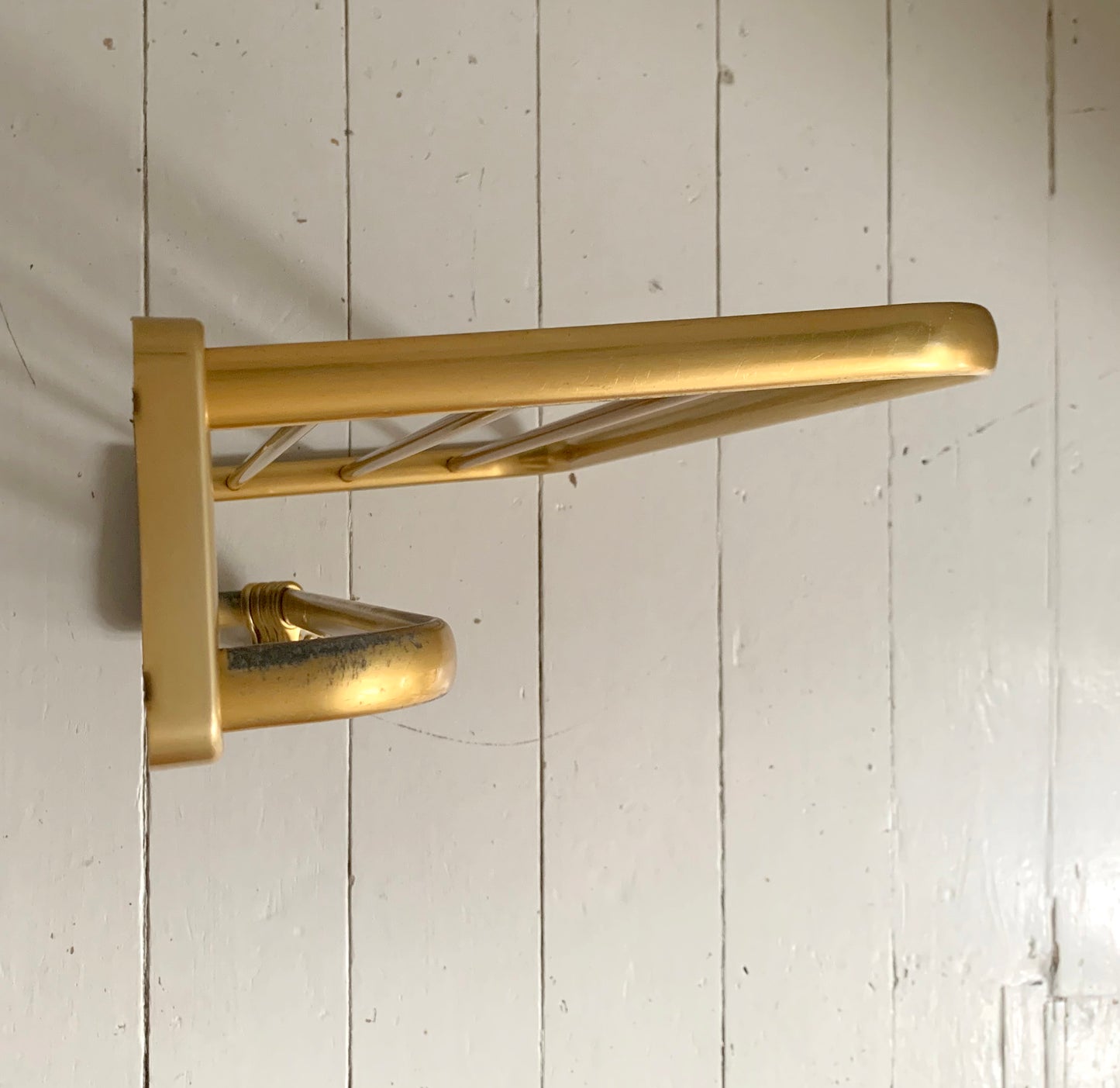 Mid Century Gold Coat Carriage Rack with Hat Shelf & Five Hooks, Wall Mounted