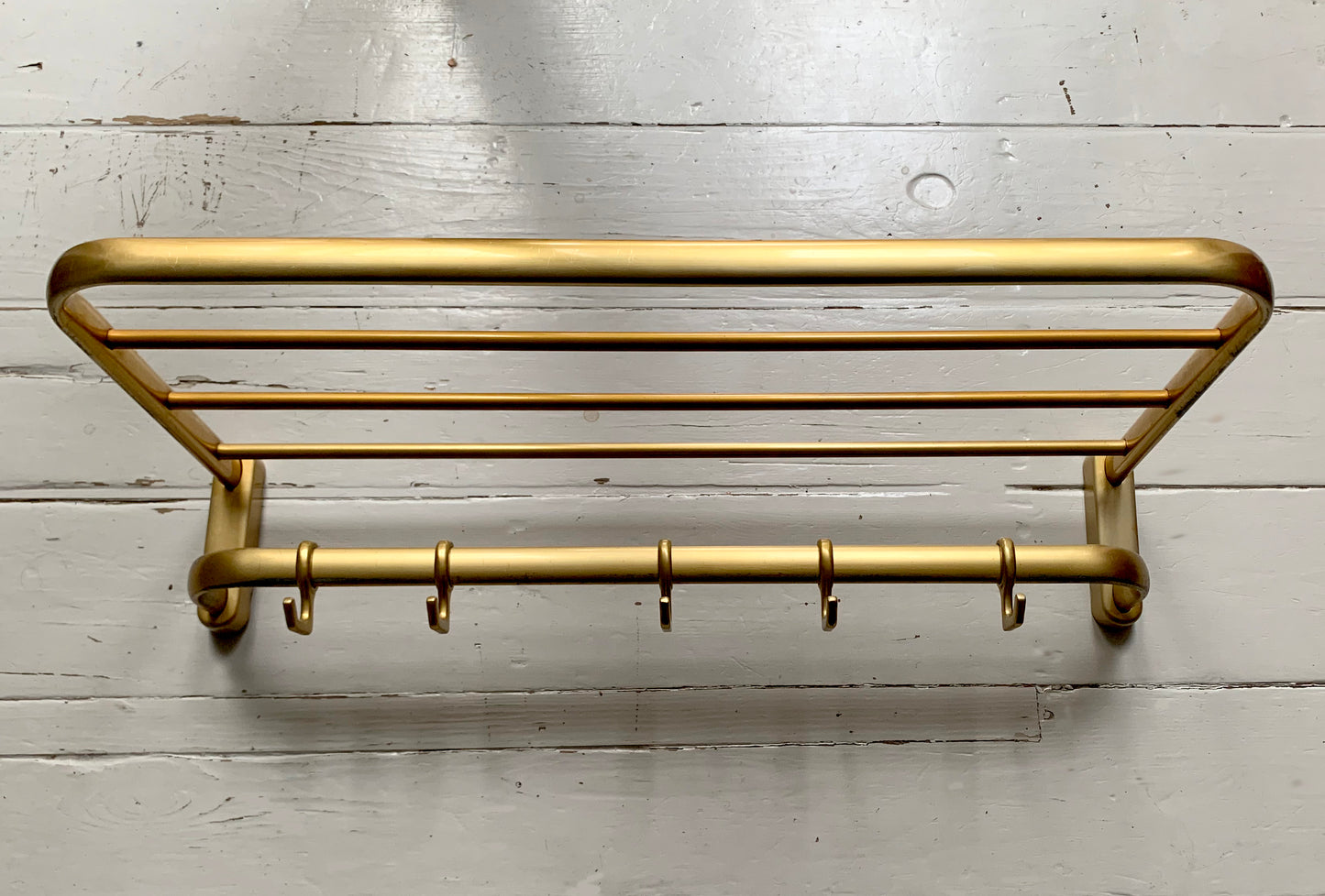 Mid Century Gold Coat Carriage Rack with Hat Shelf & Five Hooks, Wall Mounted