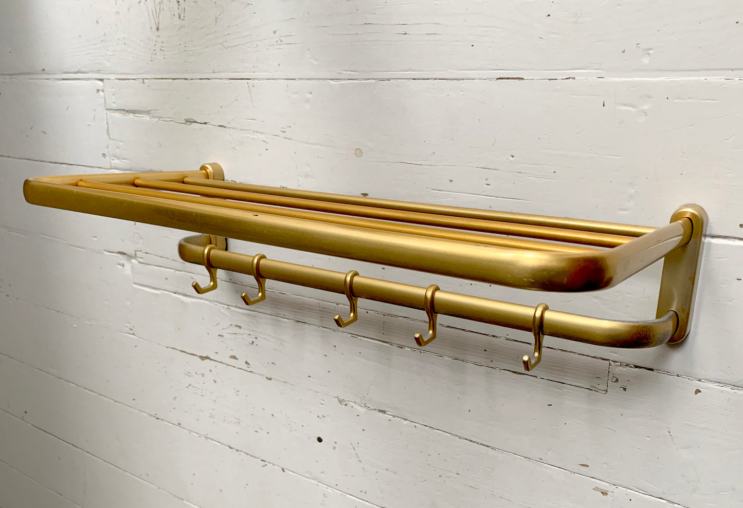 Mid Century Gold Coat Carriage Rack with Hat Shelf & Five Hooks, Wall Mounted