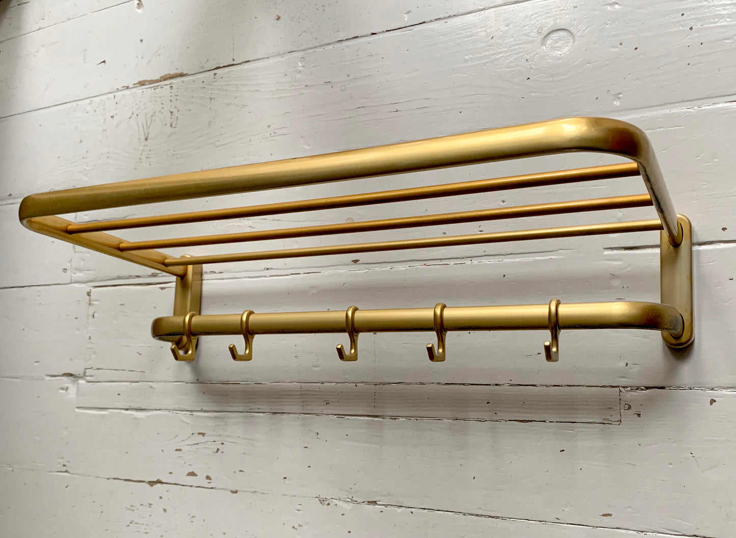 Mid Century Gold Coat Carriage Rack with Hat Shelf & Five Hooks, Wall Mounted