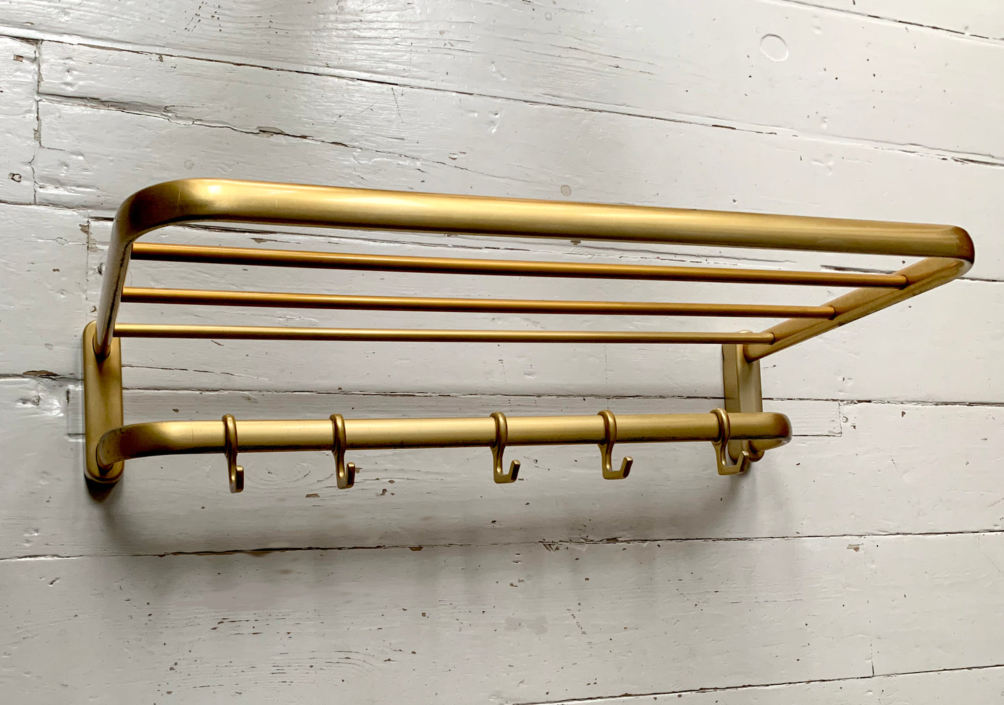 Mid Century Gold Coat Carriage Rack with Hat Shelf & Five Hooks, Wall Mounted