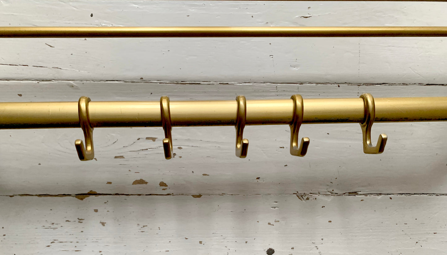 Mid Century Gold Coat Carriage Rack with Hat Shelf & Five Hooks, Wall Mounted