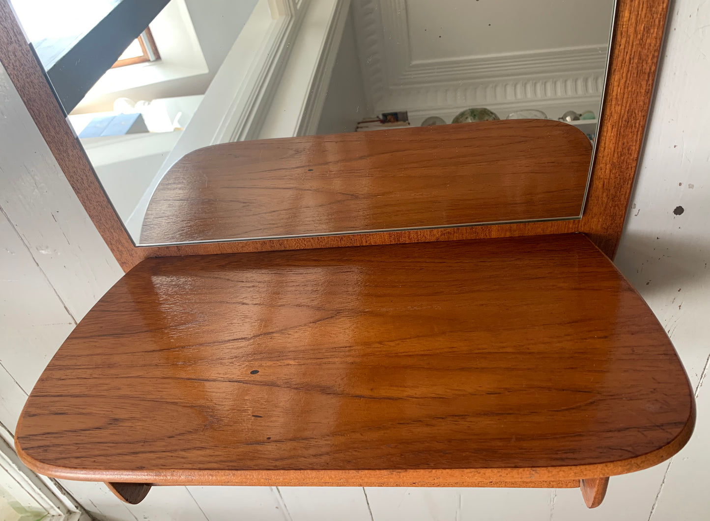 Mid Century Vintage Teak Console / Hallway Mirror with Shelf