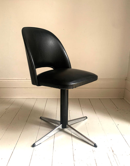 Mid Century Modern Black Vinyl Swivel Office / Dining Chair on Steel Legs