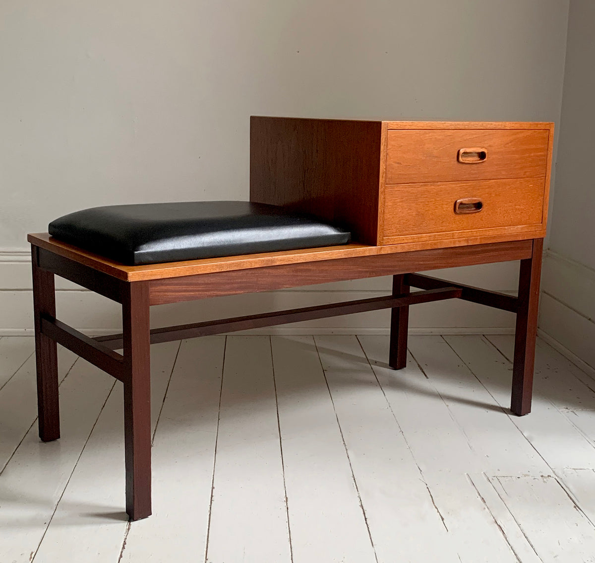 Mid Century Teak &amp; Black Vinyl Telephone Table with Drawers by Times Furniture