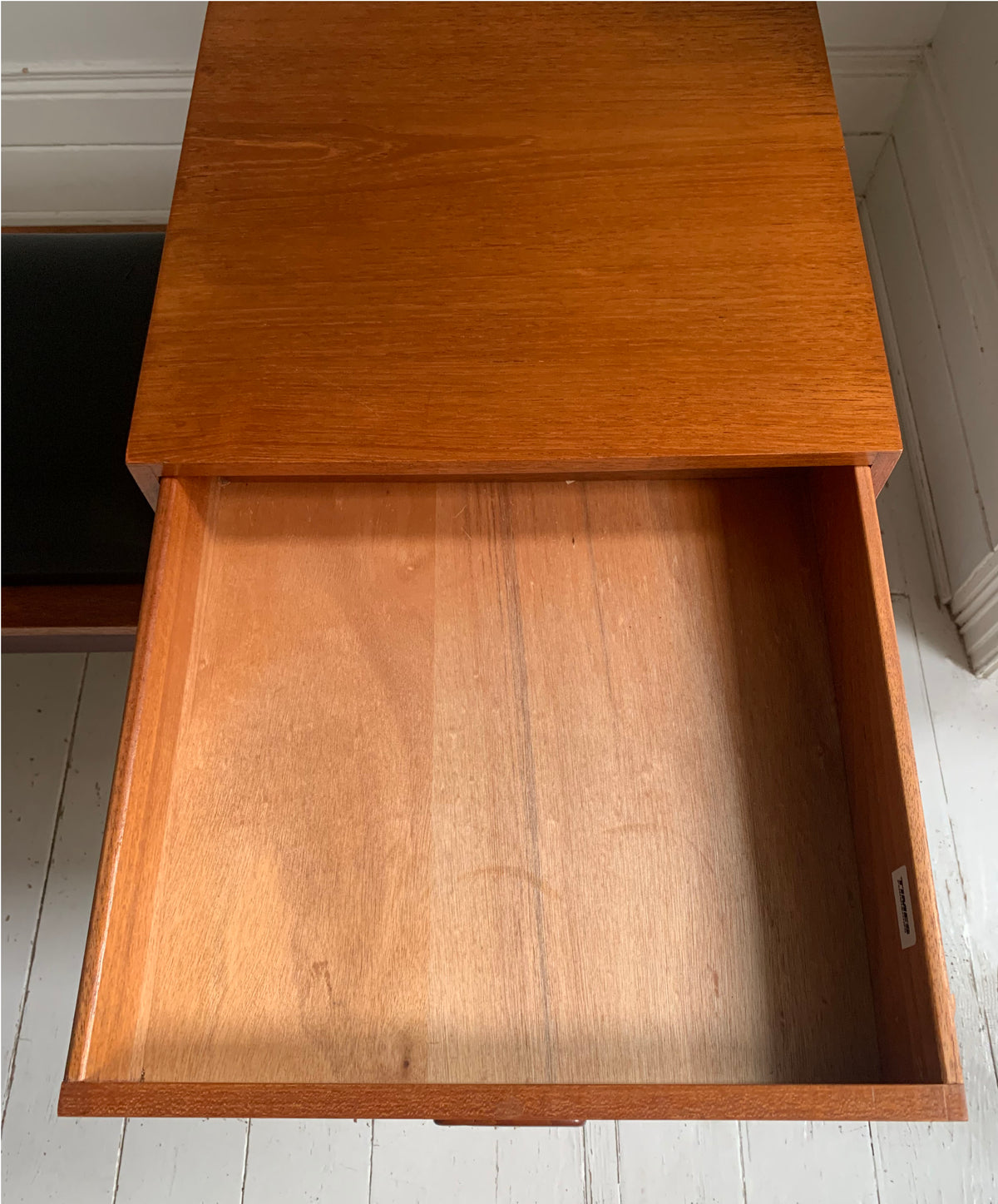 Mid Century Teak &amp; Black Vinyl Telephone Table with Drawers by Times Furniture