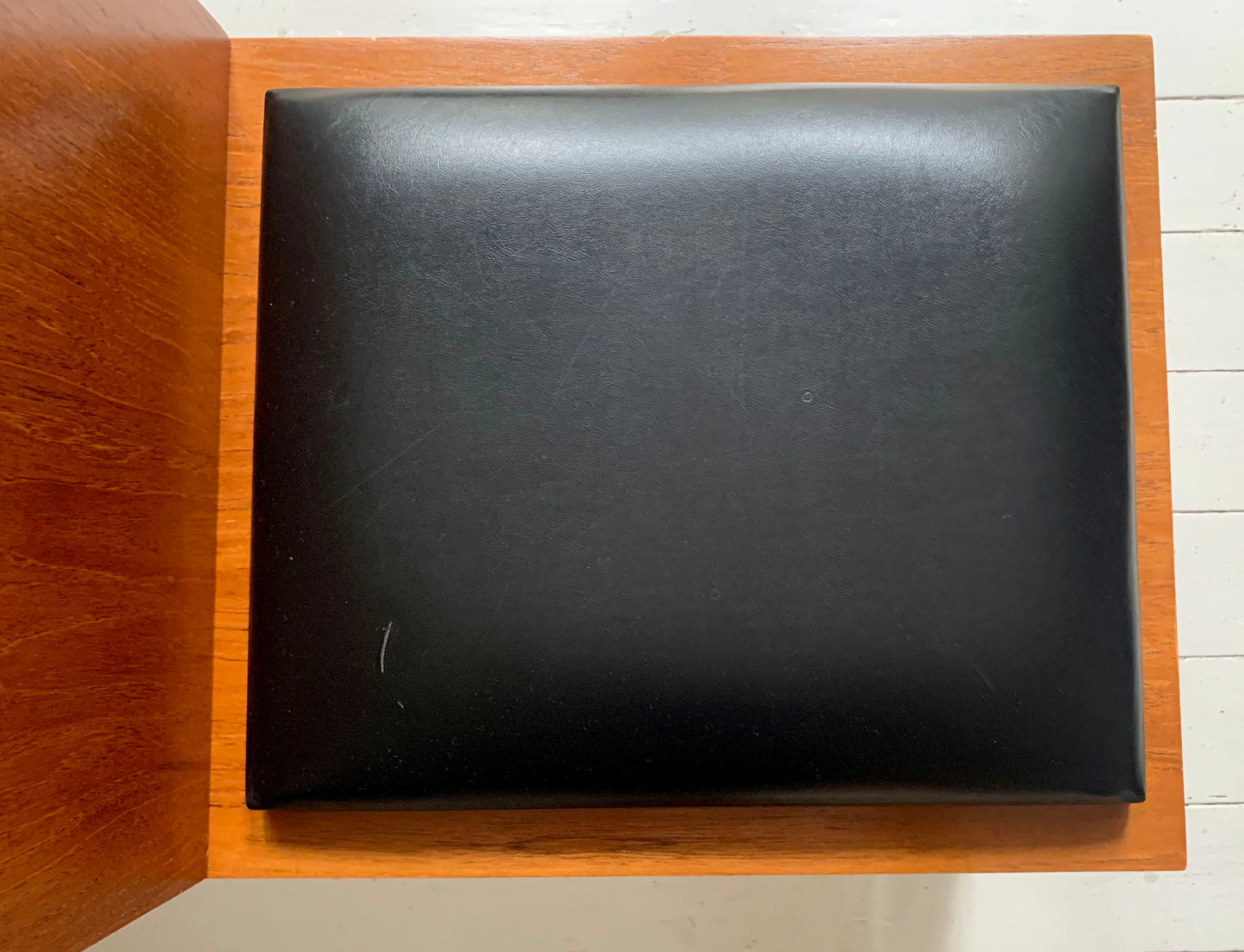 Mid Century Teak &amp; Black Vinyl Telephone Table with Drawers by Times Furniture