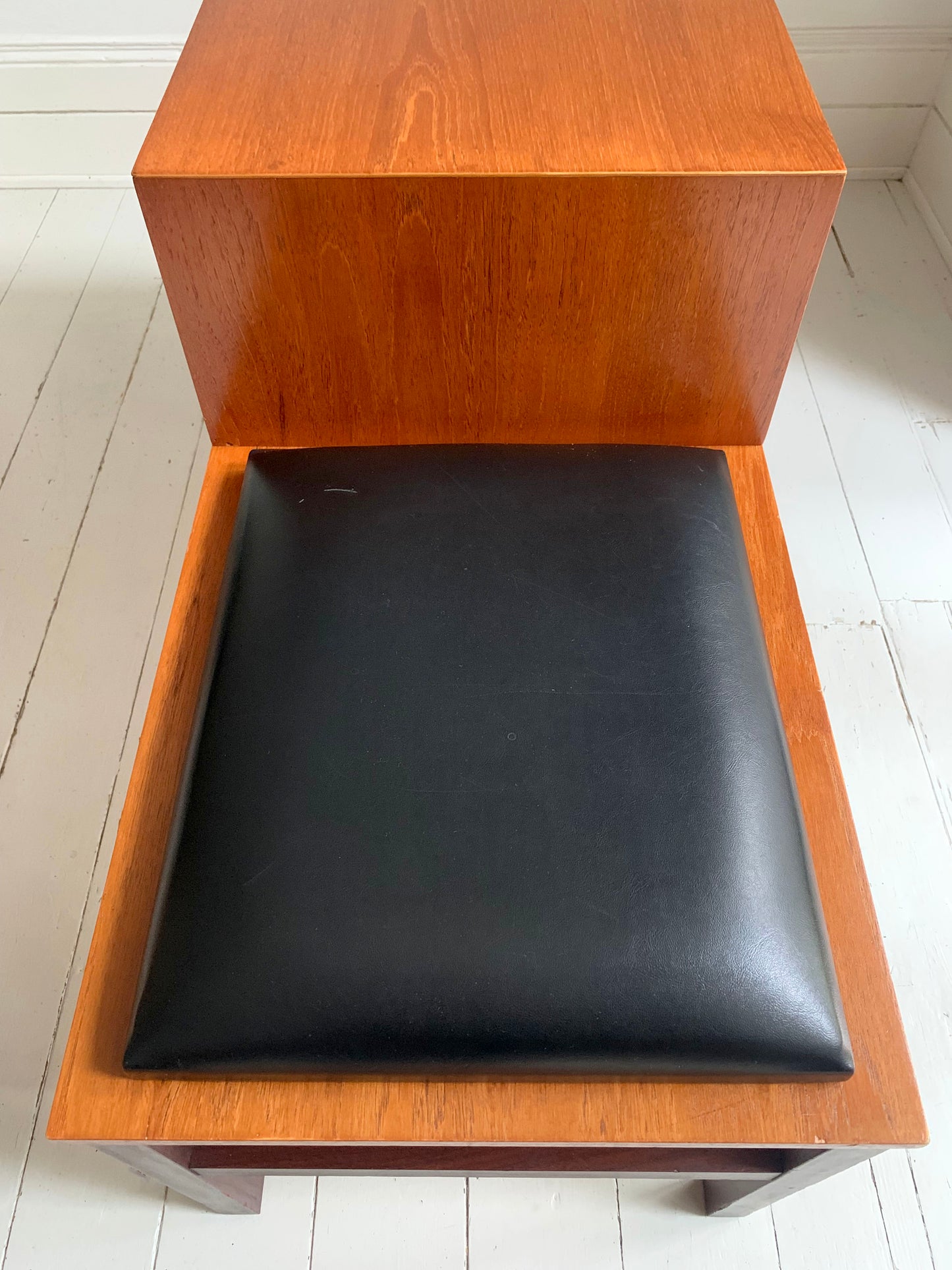Mid Century Teak &amp; Black Vinyl Telephone Table with Drawers by Times Furniture