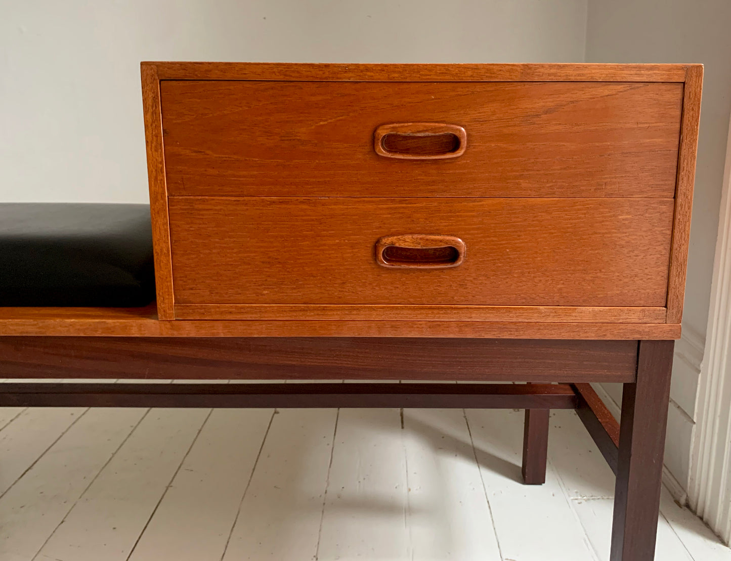Mid Century Teak &amp; Black Vinyl Telephone Table with Drawers by Times Furniture