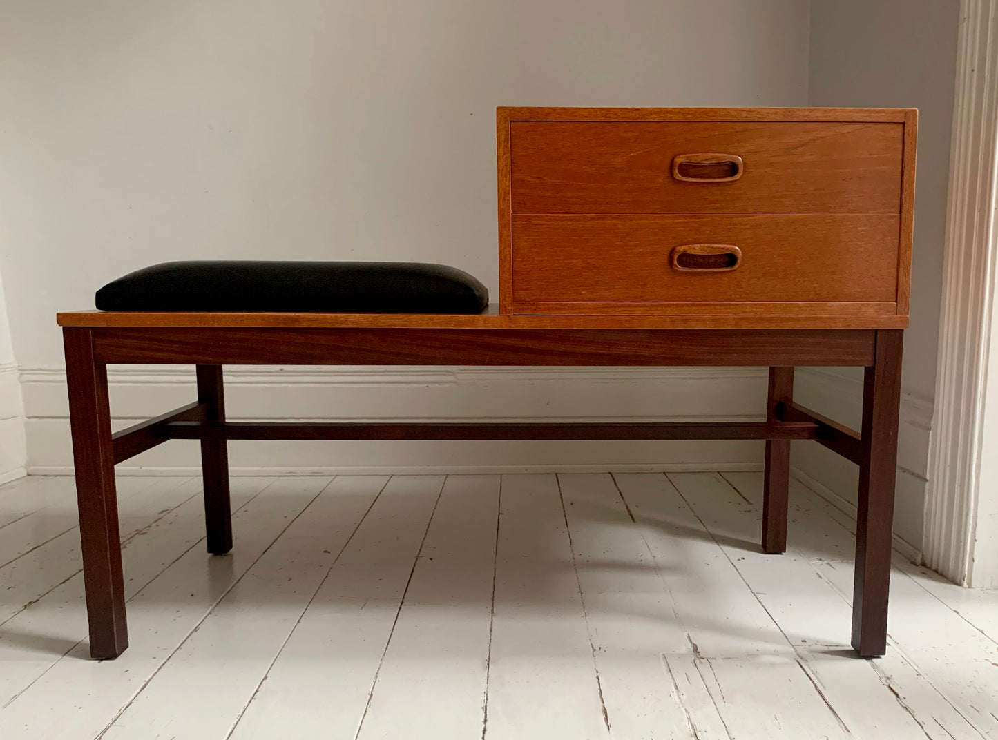 Mid Century Teak &amp; Black Vinyl Telephone Table with Drawers by Times Furniture