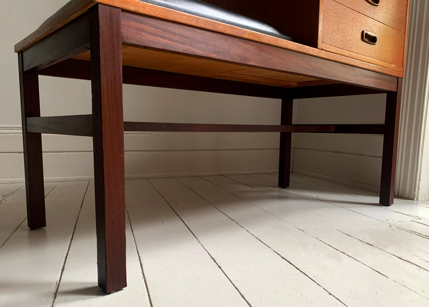 Mid Century Teak &amp; Black Vinyl Telephone Table with Drawers by Times Furniture