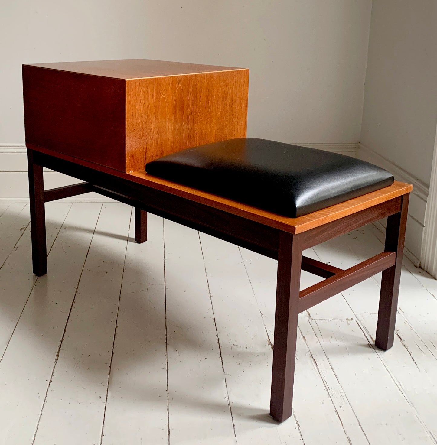 Mid Century Teak &amp; Black Vinyl Telephone Table with Drawers by Times Furniture