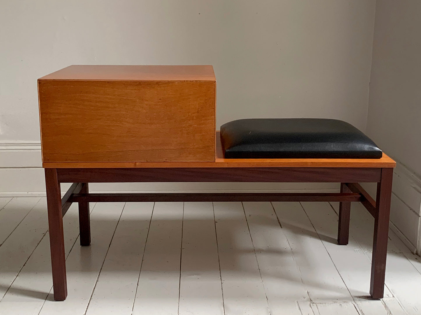 Mid Century Teak &amp; Black Vinyl Telephone Table with Drawers by Times Furniture