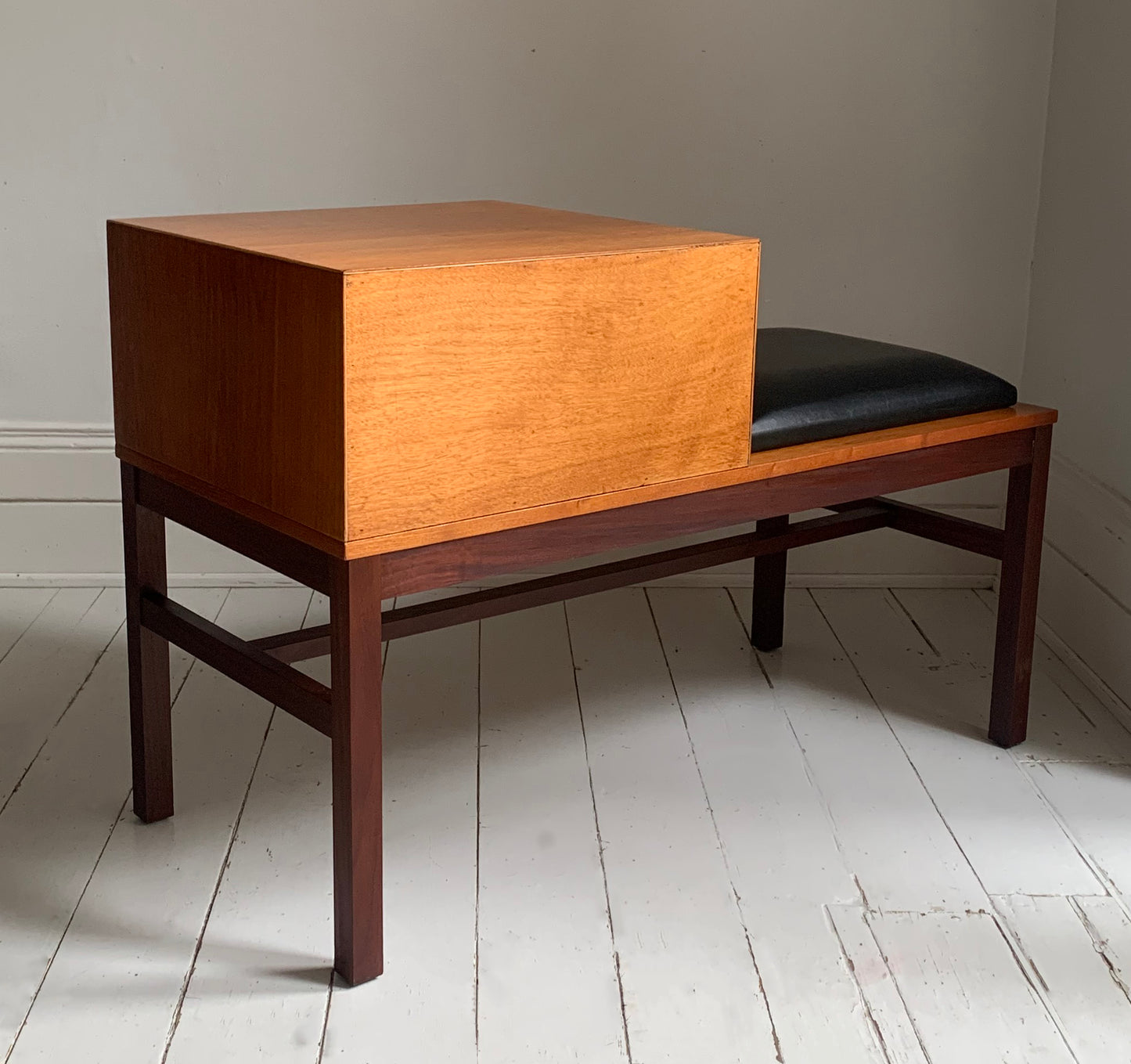 Mid Century Teak &amp; Black Vinyl Telephone Table with Drawers by Times Furniture