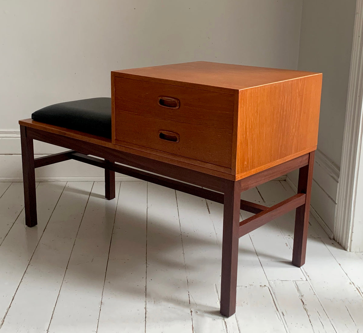Mid Century Teak &amp; Black Vinyl Telephone Table with Drawers by Times Furniture