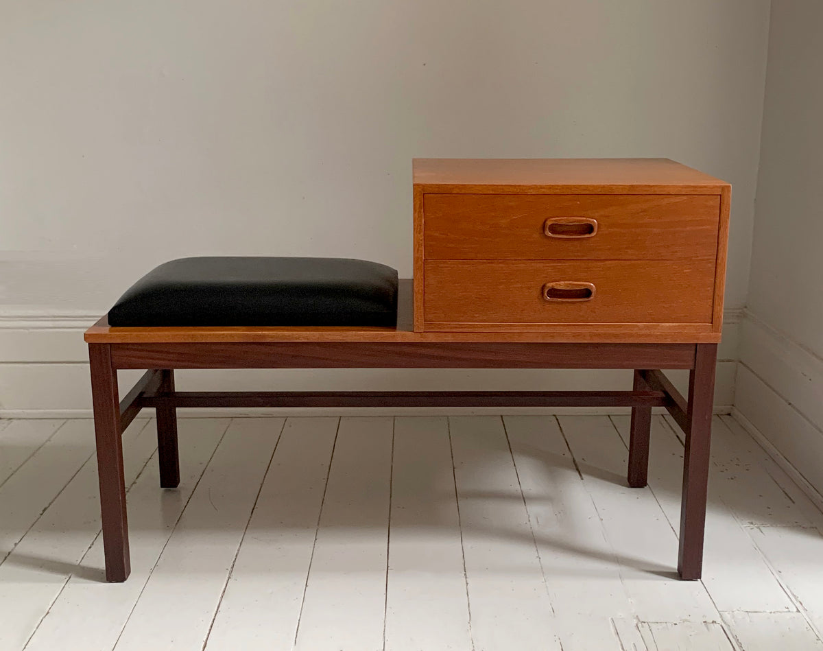 Mid Century Teak &amp; Black Vinyl Telephone Table with Drawers by Times Furniture