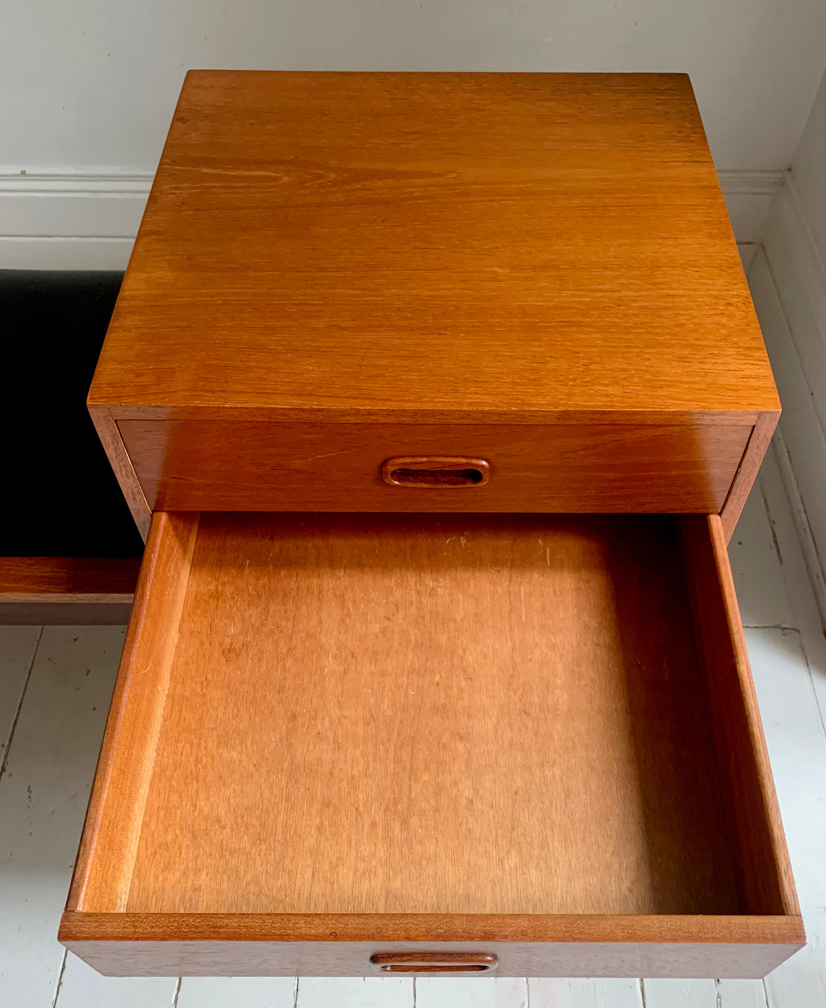 Mid Century Teak &amp; Black Vinyl Telephone Table with Drawers by Times Furniture