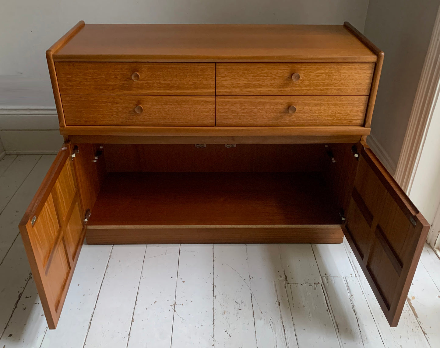 Mid Century Nathan Squares Teak Side Board, Cupboard, Media Cabinet