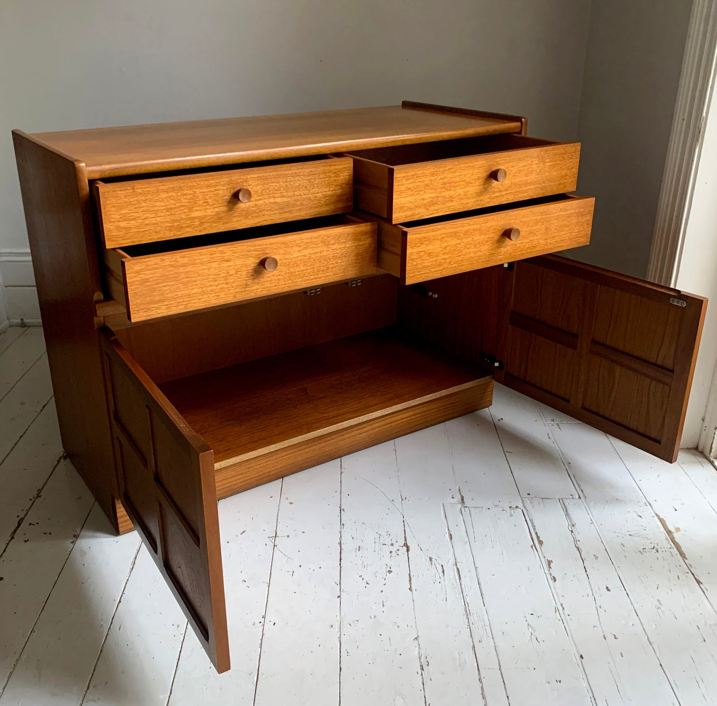 Mid Century Nathan Squares Teak Side Board, Cupboard, Media Cabinet