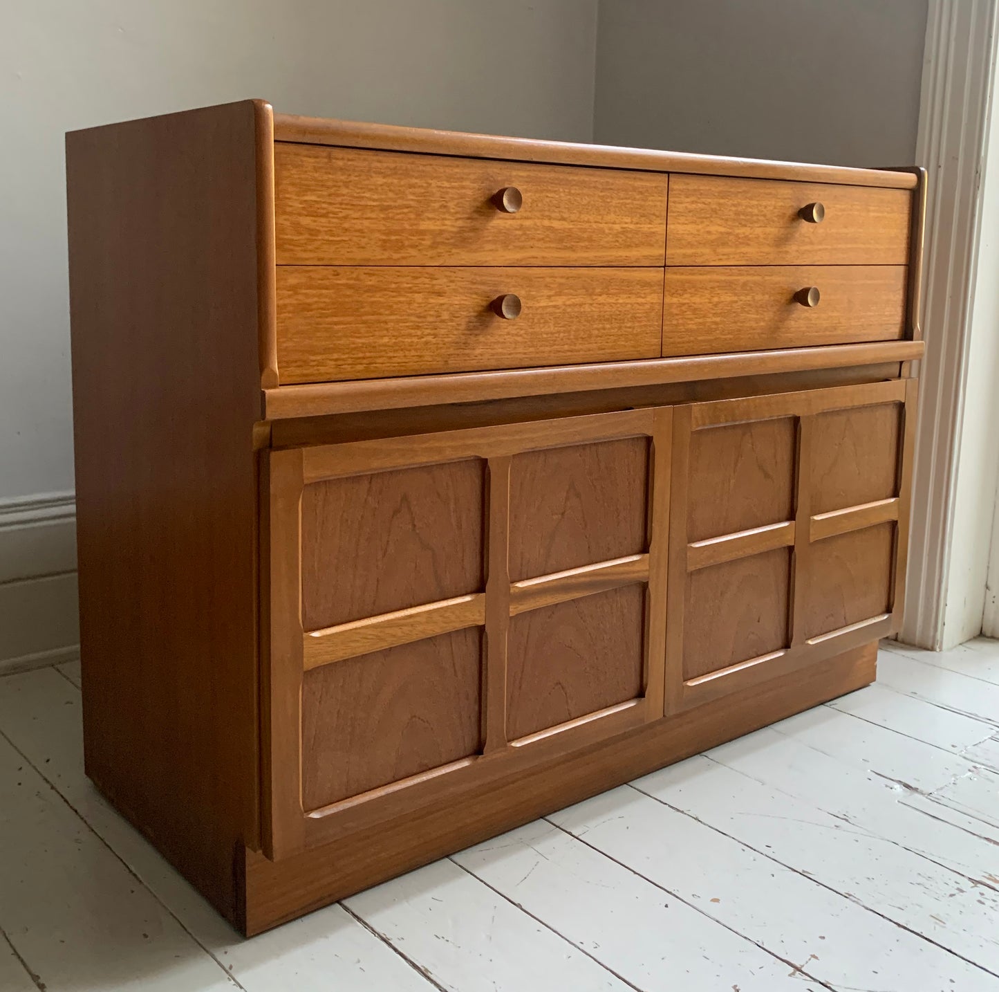 Mid Century Nathan Squares Teak Side Board, Cupboard, Media Cabinet
