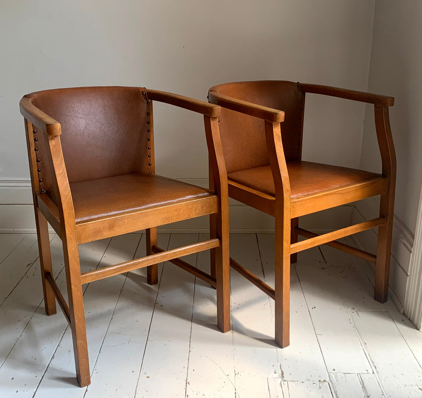 Pair of 1920/30s Horseshoe, Tub Carver Chairs Upholstered in Cognac Vinyl