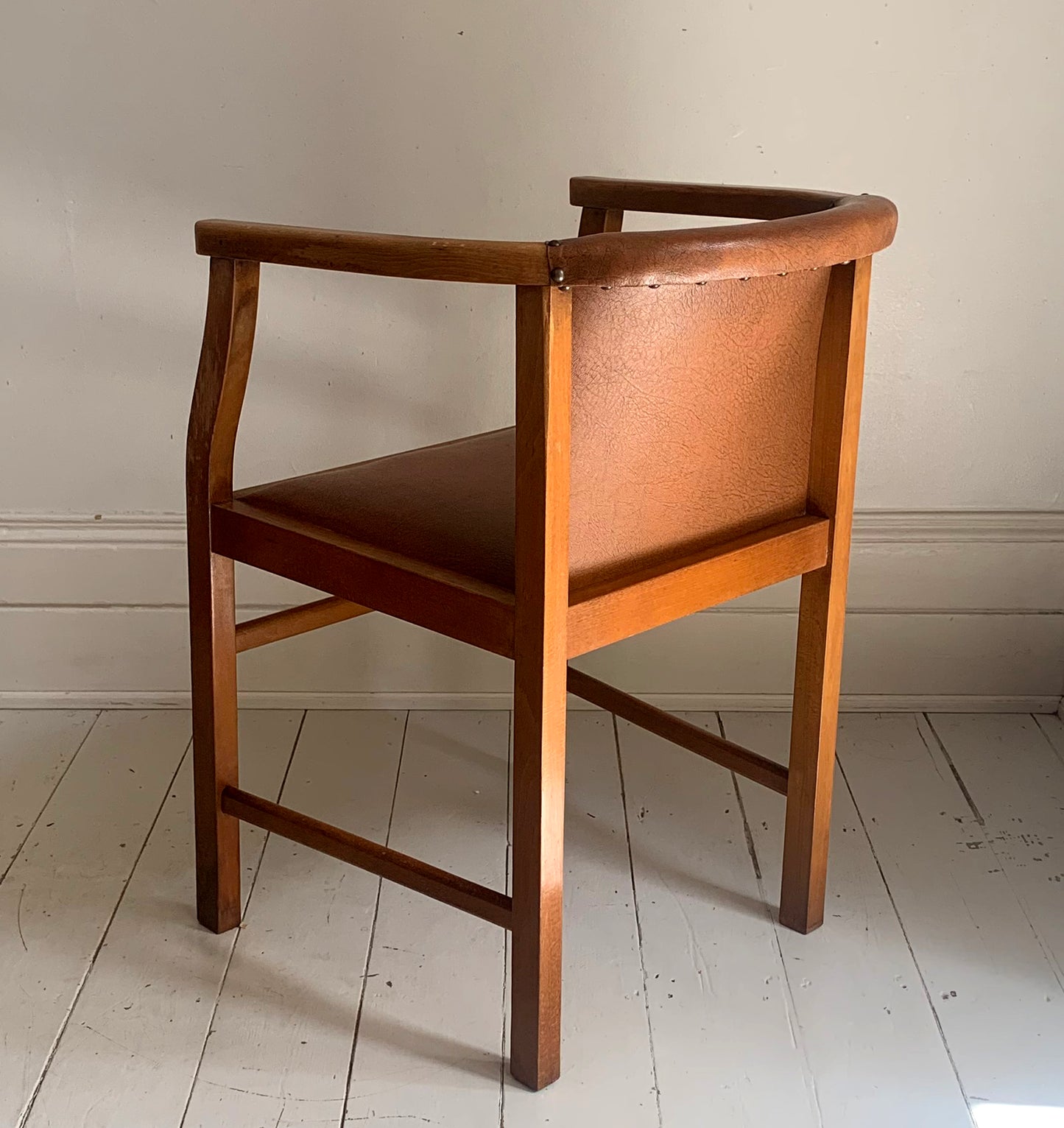 Pair of 1920/30s Horseshoe, Tub Carver Chairs Upholstered in Cognac Vinyl