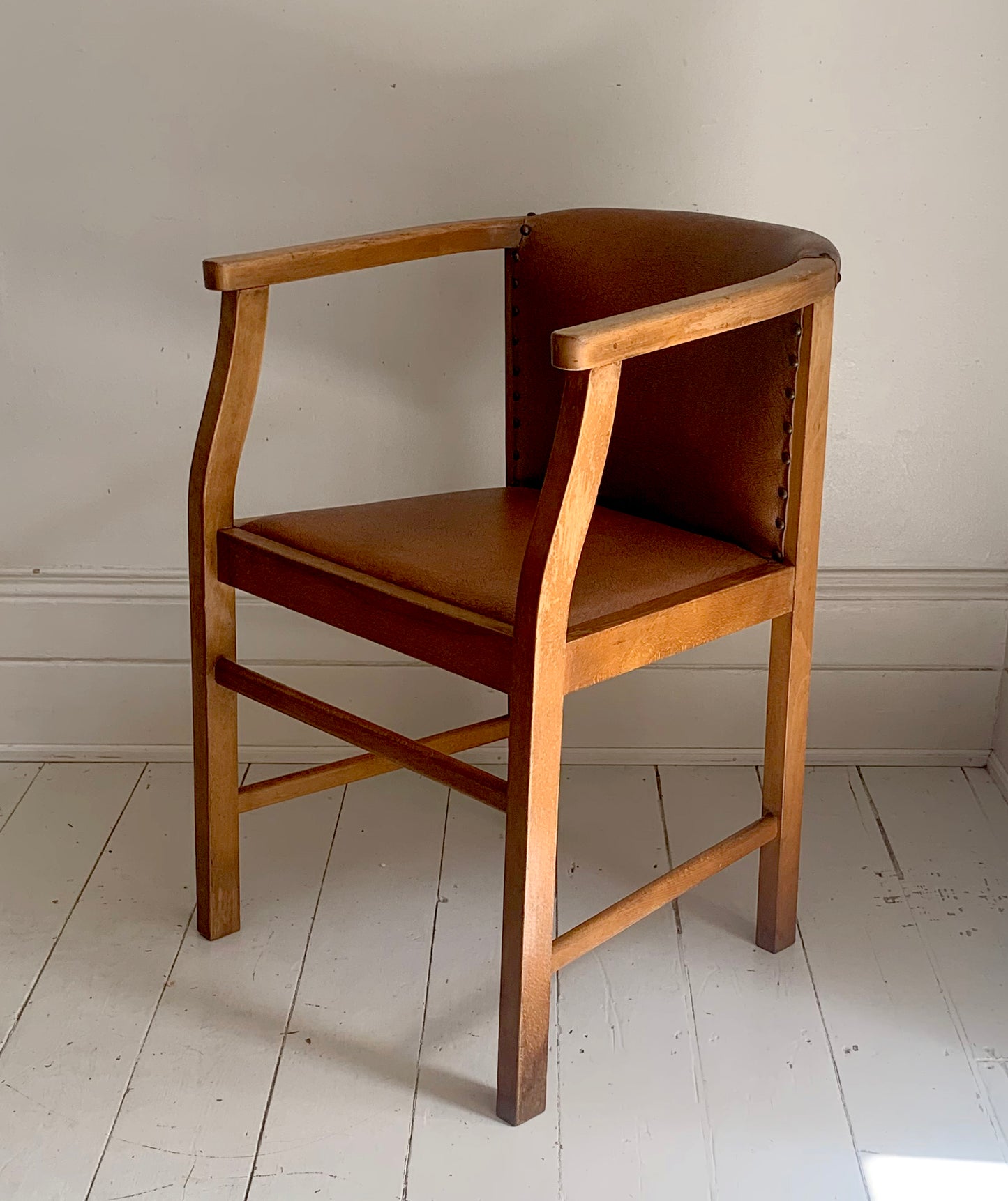 Pair of 1920/30s Horseshoe, Tub Carver Chairs Upholstered in Cognac Vinyl